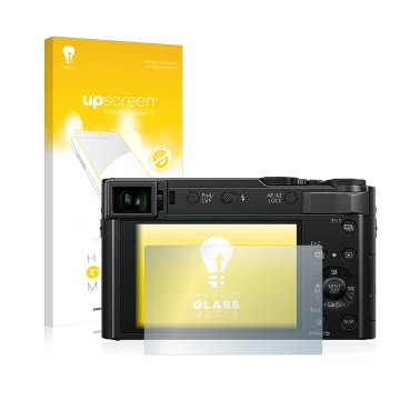 Parte frontal de un envase de producto con el logotipo de la marca upscreen. Al lado se muestra el dispositivo Panasonic Lumix