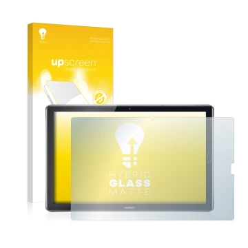 Parte frontal de un envase de producto con el logotipo de la marca upscreen. Al lado se muestra el dispositivo Huawei MediaPad