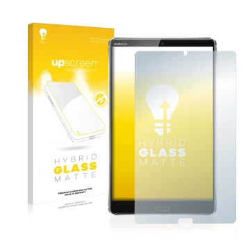 Parte frontal de un envase de producto con el logotipo de la marca upscreen. Al lado se muestra el dispositivo Huawei MediaPad