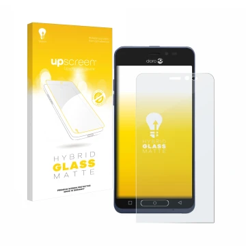 Parte frontal de un envase de producto con el logotipo de la marca upscreen. Al lado se muestra el dispositivo Doro 8035 con s