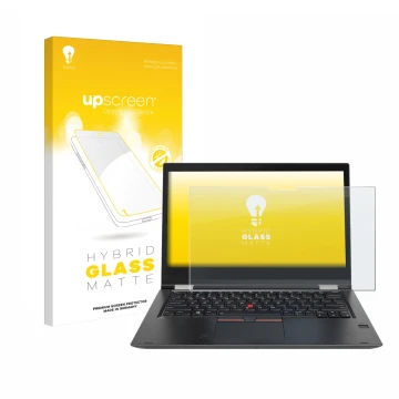 Parte frontal de un envase de producto con el logotipo de la marca upscreen. Al lado se muestra el dispositivo Lenovo ThinkPad