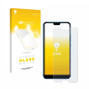 Parte frontal de un envase de producto con el logotipo de la marca upscreen. Al lado se muestra el dispositivo Honor 10 con su