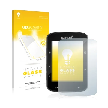 Parte frontal de un envase de producto con el logotipo de la marca upscreen. Al lado se muestra el dispositivo Garmin Edge 520