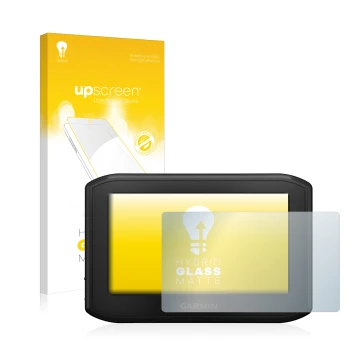 Parte frontal de un envase de producto con el logotipo de la marca upscreen. Al lado se muestra el dispositivo Garmin zumo 396