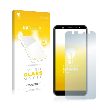 Parte frontal de un envase de producto con el logotipo de la marca upscreen. Al lado se muestra el dispositivo Samsung Galaxy 