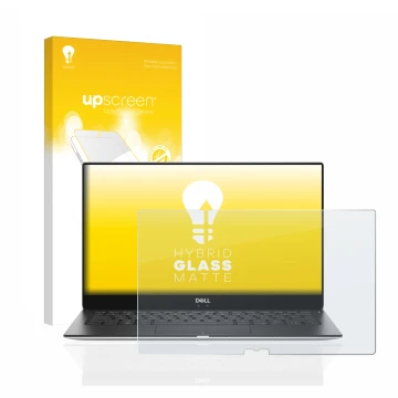 Parte frontal de un envase de producto con el logotipo de la marca upscreen. Al lado se muestra el dispositivo Dell XPS 13 937