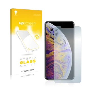 Parte frontal de un envase de producto con el logotipo de la marca upscreen. Al lado se muestra el dispositivo Apple iPhone Xs
