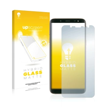 Parte frontal de un envase de producto con el logotipo de la marca upscreen. Al lado se muestra el dispositivo Samsung Galaxy 