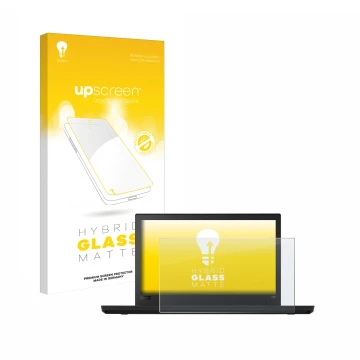 Parte frontal de un envase de producto con el logotipo de la marca upscreen. Al lado se muestra el dispositivo Lenovo ThinkPad