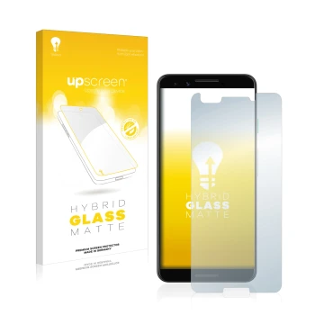 Parte frontal de un envase de producto con el logotipo de la marca upscreen. Al lado se muestra el dispositivo Google Pixel 3 