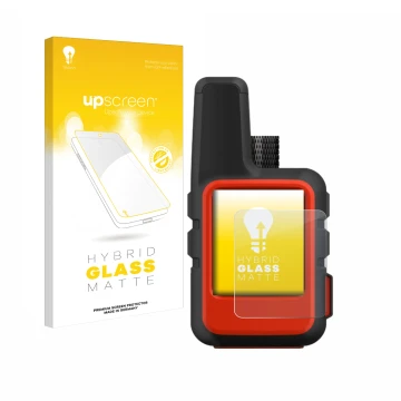 Parte frontal de un envase de producto con el logotipo de la marca upscreen. Al lado se muestra el dispositivo Garmin inReach 