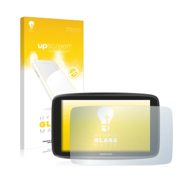 Parte frontal de un envase de producto con el logotipo de la marca upscreen. Al lado se muestra el dispositivo TomTom GO Campe