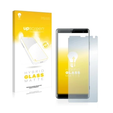 Parte frontal de un envase de producto con el logotipo de la marca upscreen. Al lado se muestra el dispositivo Sony Xperia XZ3