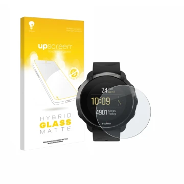 Parte frontal de un envase de producto con el logotipo de la marca upscreen. Al lado se muestra el dispositivo Suunto 3 Fitnes