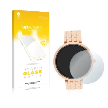 Parte frontal de un envase de producto con el logotipo de la marca upscreen. Al lado se muestra el dispositivo Xlyne X-Watch S