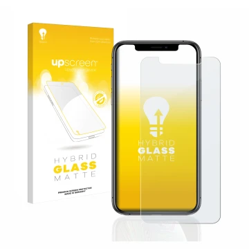 Parte frontal de un envase de producto con el logotipo de la marca upscreen. Al lado se muestra el dispositivo Apple iPhone Xs