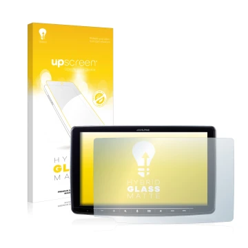 Parte frontal de un envase de producto con el logotipo de la marca upscreen. Al lado se muestra el dispositivo Alpine iLX-F903