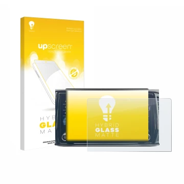 Parte frontal de un envase de producto con el logotipo de la marca upscreen. Al lado se muestra el dispositivo Apple MacBook P