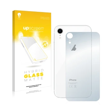 Parte frontal de un envase de producto con el logotipo de la marca upscreen. Al lado se muestra el dispositivo Apple iPhone XR