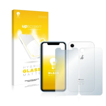 Parte frontal de un envase de producto con el logotipo de la marca upscreen. Al lado se muestra el dispositivo Apple iPhone XR