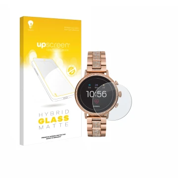 Parte frontal de un envase de producto con el logotipo de la marca upscreen. Al lado se muestra el dispositivo Fossil Q Ventur