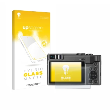 Parte frontal de un envase de producto con el logotipo de la marca upscreen. Al lado se muestra el dispositivo Panasonic Lumix