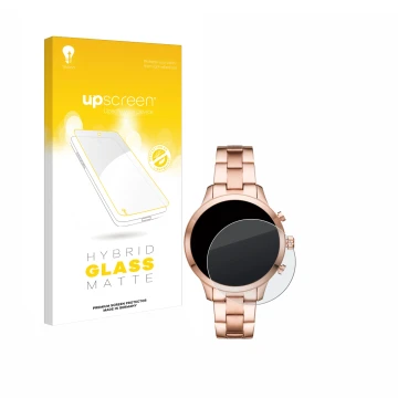 Parte frontal de un envase de producto con el logotipo de la marca upscreen. Al lado se muestra el dispositivo Michael Kors Ac