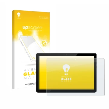 Parte frontal de un envase de producto con el logotipo de la marca upscreen. Al lado se muestra el dispositivo Huawei MediaPad