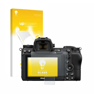Parte frontal de un envase de producto con el logotipo de la marca upscreen. Al lado se muestra el dispositivo Nikon Z 6 con s