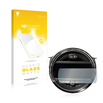 Parte frontal de un envase de producto con el logotipo de la marca upscreen. Al lado se muestra el dispositivo Mini Cooper F56