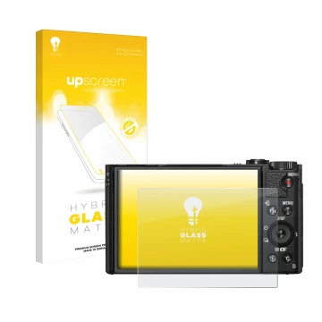 Parte frontal de un envase de producto con el logotipo de la marca upscreen. Al lado se muestra el dispositivo Sony Cyber-Shot