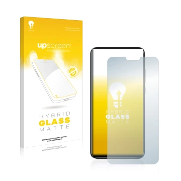 Parte frontal de un envase de producto con el logotipo de la marca upscreen. Al lado se muestra el dispositivo Honor 8X con su