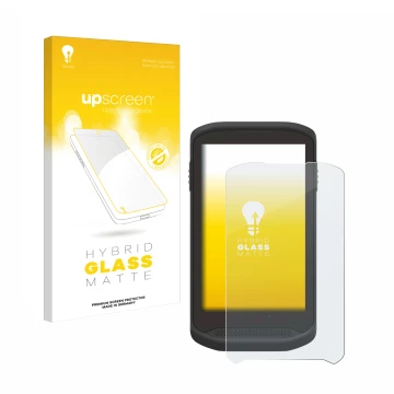 Parte frontal de un envase de producto con el logotipo de la marca upscreen. Al lado se muestra el dispositivo Zebra TC25 con 