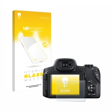Parte frontal de un envase de producto con el logotipo de la marca upscreen. Al lado se muestra el dispositivo Canon PowerShot
