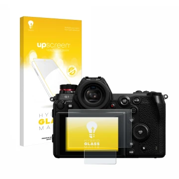 Parte frontal de un envase de producto con el logotipo de la marca upscreen. Al lado se muestra el dispositivo Panasonic Lumix