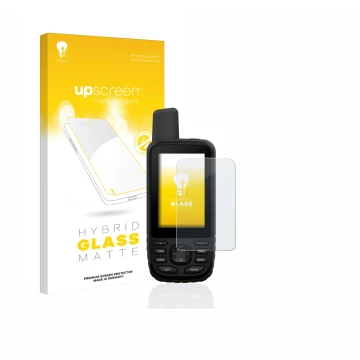 Parte frontal de un envase de producto con el logotipo de la marca upscreen. Al lado se muestra el dispositivo Garmin GPSMAP 6