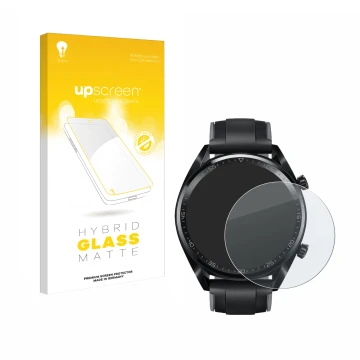 Parte frontal de un envase de producto con el logotipo de la marca upscreen. Al lado se muestra el dispositivo Huawei Watch GT