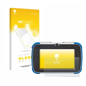 Parte frontal de un envase de producto con el logotipo de la marca upscreen. Al lado se muestra el dispositivo Vtech Storio Ma