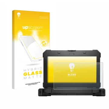 Parte frontal de un envase de producto con el logotipo de la marca upscreen. Al lado se muestra el dispositivo Dell Latitude 5