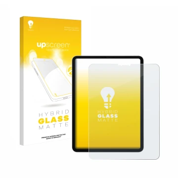Parte frontal de un envase de producto con el logotipo de la marca upscreen. Al lado se muestra el dispositivo Apple iPad Pro 