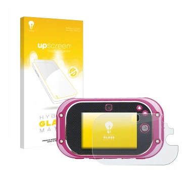 Parte frontal de un envase de producto con el logotipo de la marca upscreen. Al lado se muestra el dispositivo Vtech Kidizoom 