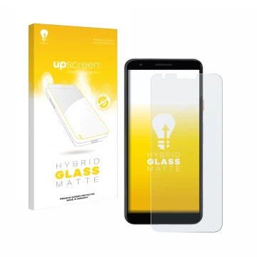 Parte frontal de un envase de producto con el logotipo de la marca upscreen. Al lado se muestra el dispositivo Google Pixel 3a