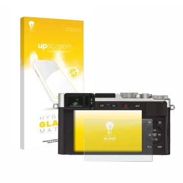 Parte frontal de un envase de producto con el logotipo de la marca upscreen. Al lado se muestra el dispositivo Leica D-Lux 7 c