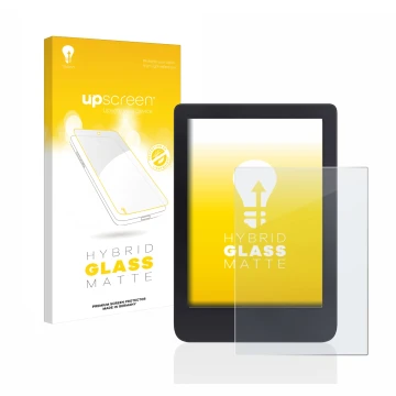 Parte frontal de un envase de producto con el logotipo de la marca upscreen. Al lado se muestra el dispositivo Tolino Shine 3 