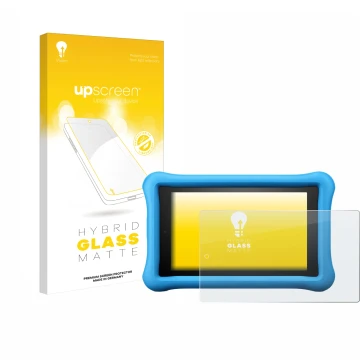 Parte frontal de un envase de producto con el logotipo de la marca upscreen. Al lado se muestra el dispositivo Amazon Fire HD 