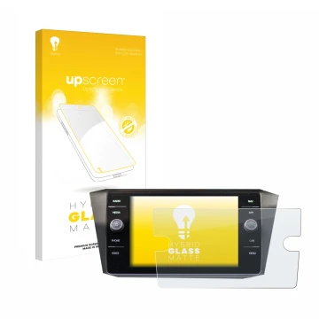 Parte frontal de un envase de producto con el logotipo de la marca upscreen. Al lado se muestra el dispositivo Volkswagen Tigu