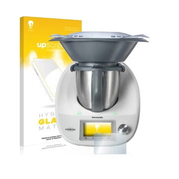 Parte frontal de un envase de producto con el logotipo de la marca upscreen. Al lado se muestra el dispositivo Vorwerk Bimby T