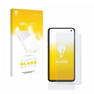 Parte frontal de un envase de producto con el logotipo de la marca upscreen. Al lado se muestra el dispositivo Samsung Galaxy 