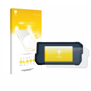 Parte frontal de un envase de producto con el logotipo de la marca upscreen. Al lado se muestra el dispositivo KTM 390 Duke 20