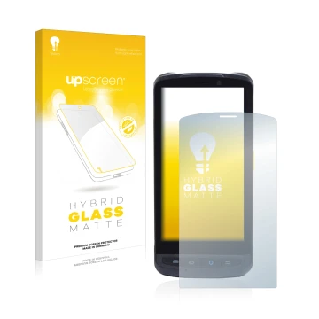 Parte frontal de un envase de producto con el logotipo de la marca upscreen. Al lado se muestra el dispositivo Newland MT90 Or